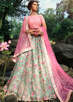 Green Net Floral Embroidered Lehenga Choli