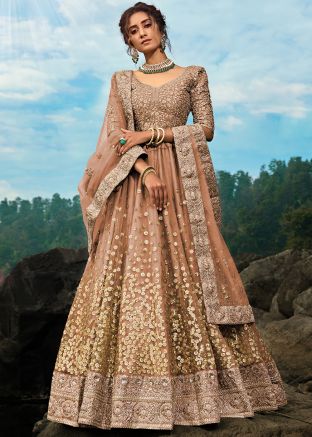 Beige Sequins Embellished Net Lehenga Choli
