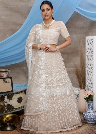 Beige Embroidered Net Lehenga Choli With Dupatta