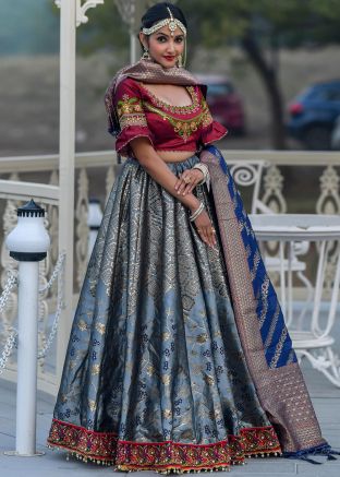 Grey Art Silk Woven Bell Sleeved Lehenga Choli