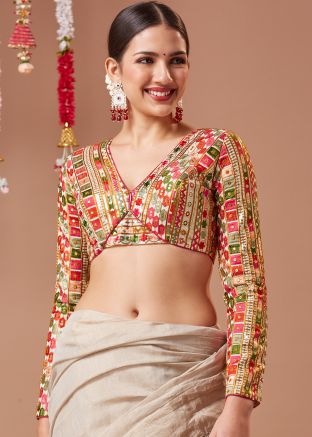 Cream Embroidered Blouse In Georgette