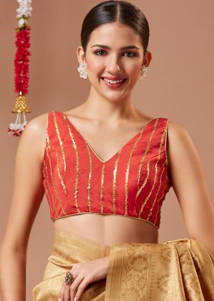 Red Sequin Work Blouse In Georgette