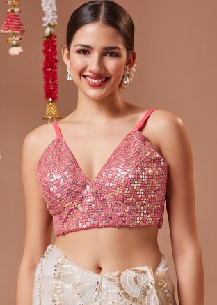 Pink Sequins Embroidered Blouse In Georgette