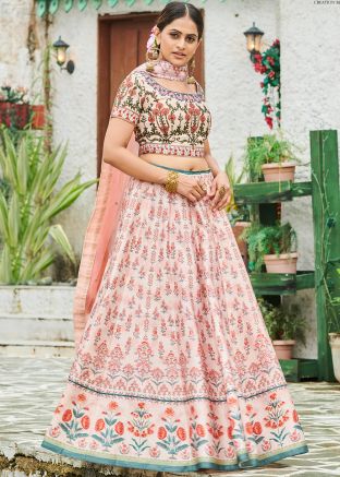 Peach Floral Digital Printed Lehenga Choli With Dupatta