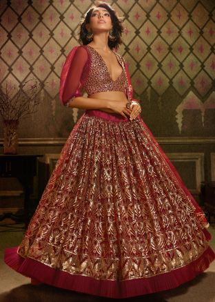 Maroon Embroidered Puff Sleeved Bridal Lehenga Choli