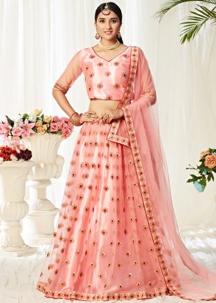 Peach Net Embroidered Lehenga Choli With Dupatta