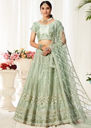Green Mirror Work Embroidered Net Lehenga Choli