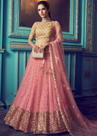 Pink Sequins Embellished Net Lehenga Choli With Dupatta