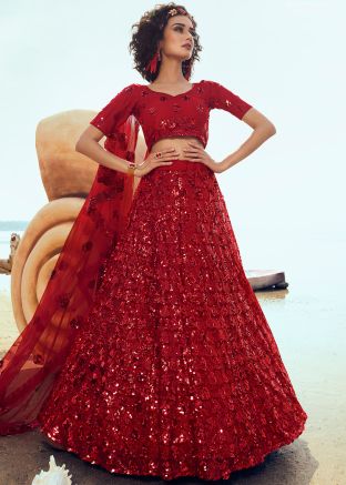 Red Net Sequins Embellished Bridal Lehenga Choli