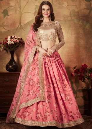 Peach Digital Floral Printed Lehenga Choli With Dupatta