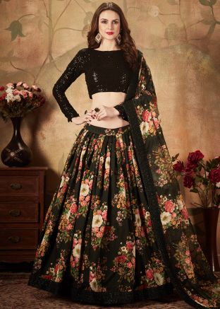 Black Floral Digital Printed Organza Silk Lehenga Choli