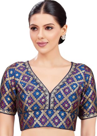 Navy Blue Color Brocade Saree Blouse 