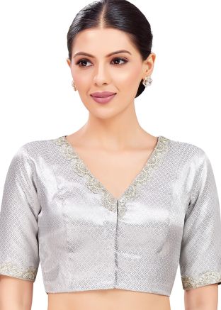 Silver Color Brocade Saree Blouse 