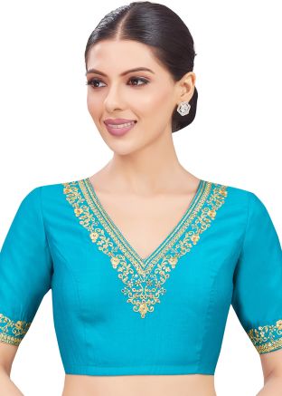Turquoise Color Cotton Silk Saree Blouse 