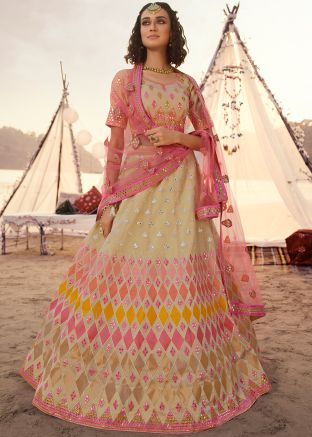 Beige Mirror Work Organza Silk Embroidered Lehenga Choli