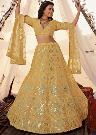 Yellow Mirror Work Organza Silk Embroidered Lehenga Choli