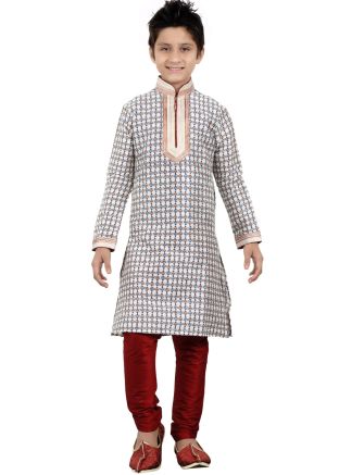 Readymade Off White Art Silk Kids Kurta Pajama