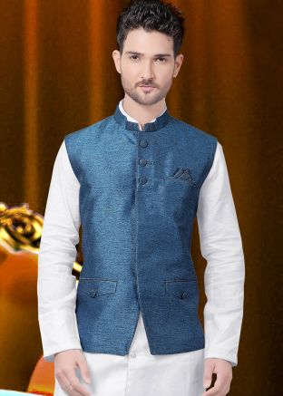Buy Navy Blue Linen Readymade Nehru Jacket Online Shopping USA UK