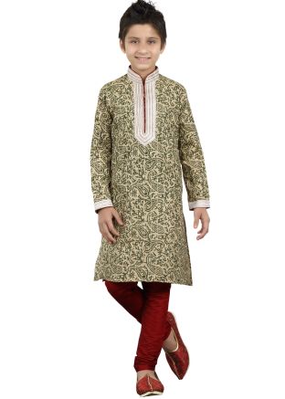 Readymade Beige Bhagalpuri Silk Kids Kurta Pajama