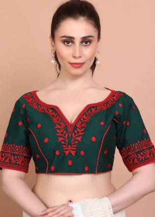 Green Color Cotton Saree Blouse 