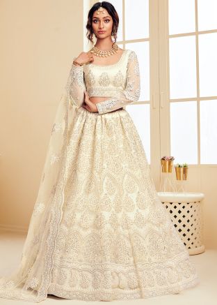 Off White Embroidered Net Lehenga Choli