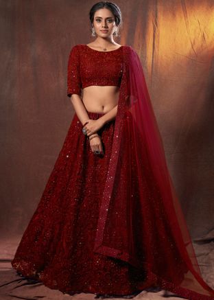 Maroon Lehenga Choli Embellished With Sequins And Thread