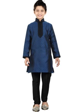 Readymade Navy Blue Brocade Kids Kurta Pajama