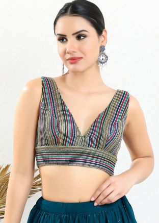 Multicolor V Neck Embroidered Blouse 