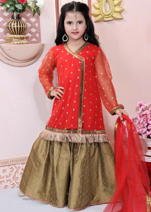 Red Sequins Embellished Readymade Salwar Kameez for Kids