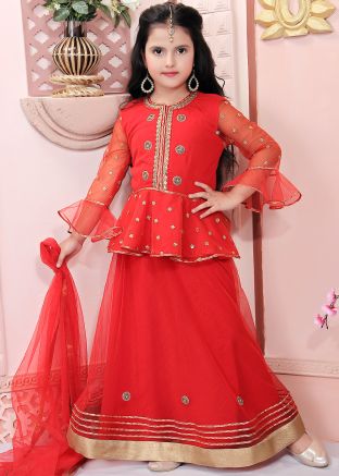 Red Peplum Style Embroidered Readymade Kids Lehenga Choli