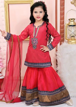 Red Embroidered Readymade Straight Cut Kids Gharara Suit