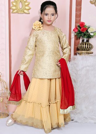 Golden Woven Cold Shoulder Kurti Style Kids Lehenga Choli Online USA