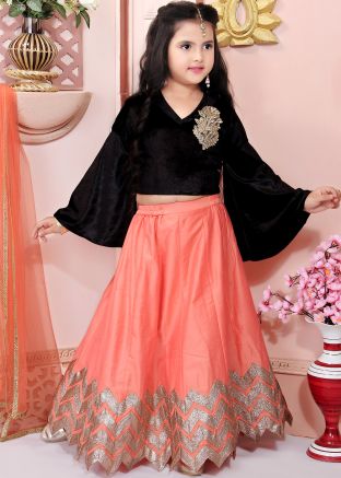 Designer Peach Gota Patti Laced Bell Sleeved Kids Lehenga Choli USA UK