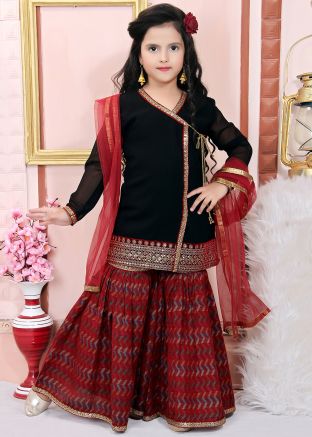 Black Readymade Angrakha Style Kids Gharara Suit