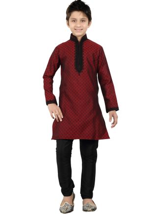 Readymade Maroon Brocade Kids Kurta Pajama