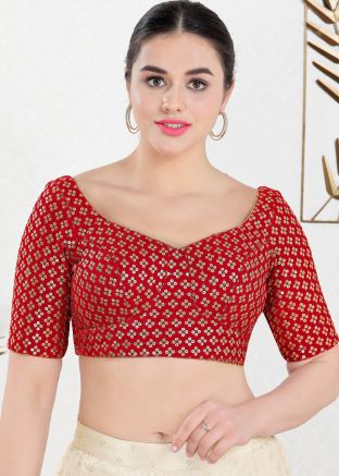 Red Embroidered Velvet Blouse