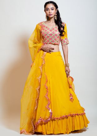 Readymade Yellow Frilled Lehenga Choli With Dupatta