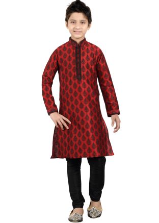 Readymade Red Art Silk Kids Kurta Pajama