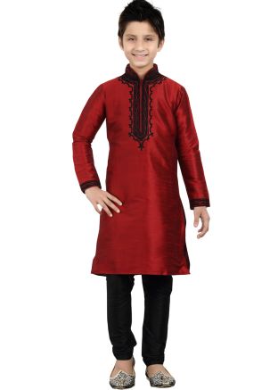 Readymade Red Art Silk Kids Kurta Pajama