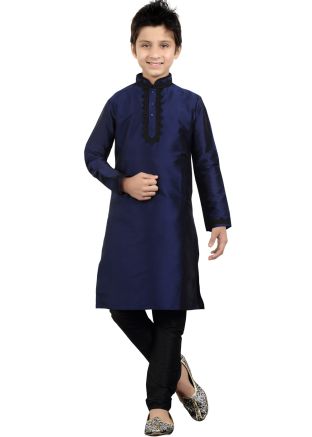Readymade Navy Blue Art Silk Kids Kurta Pajama