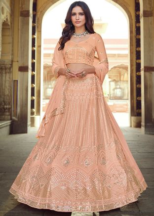 Peach Festive Georgette Embroidered Lehenga Choli