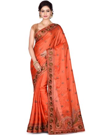 Orange Pure Silk Embroidered Saree