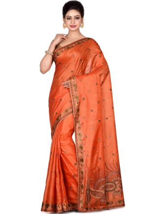 Orange Pure Silk Embroidered Saree