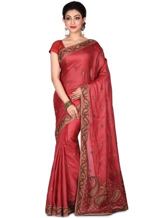 Red Pure Silk Embroidered Saree