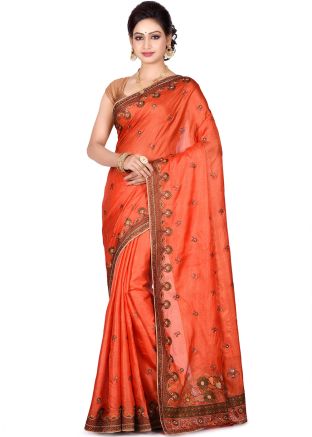 Orange Pure Silk Embroidered Saree
