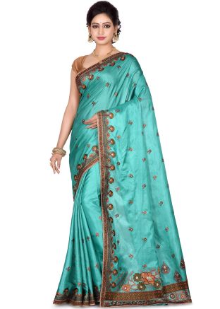 Turquoise Pure Silk Embroidered Saree