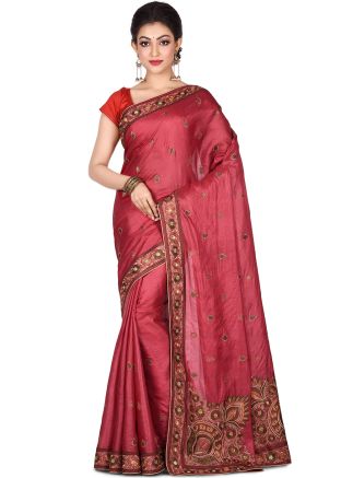 Red Pure Silk Embroidered Saree