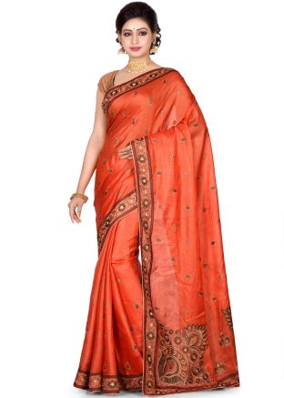 Orange Pure Silk Embroidered Saree
