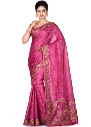 Pink Pure Silk Embroidered Saree