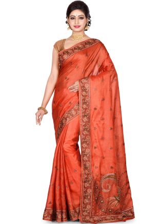 Orange Pure Silk Embroidered Saree